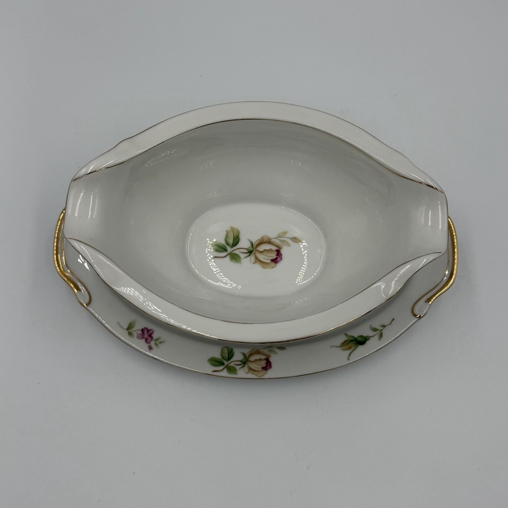 Vintage Lynmore Golden Rose Fine China Gravy Boat With Attached Plate - Picture 7 of 8